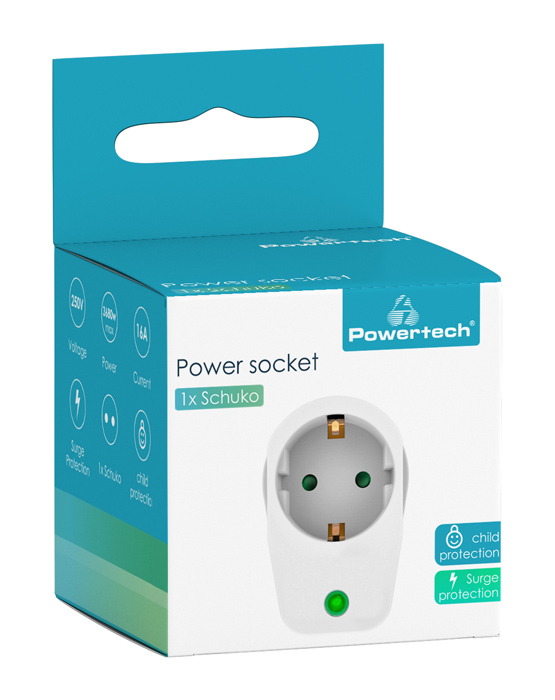POWERTECH αντάπτορας ρεύματος PT-996, 1 θέση schuko, 16A, 3680W, λευκός - Image 2