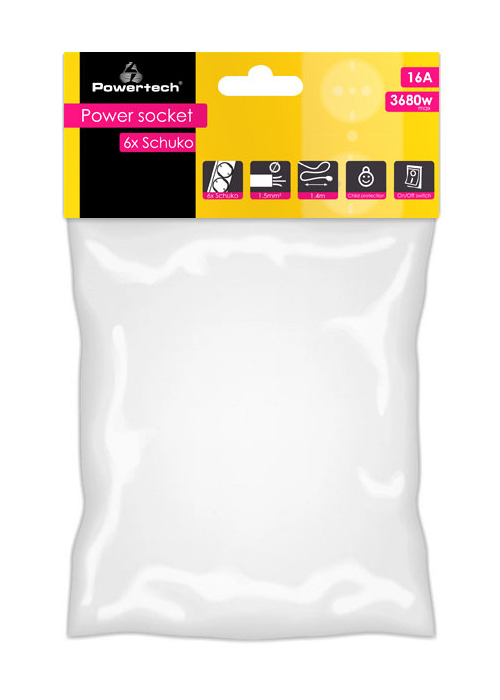 POWERTECH πολύπριζο ασφαλείας PT-1058, 6x schuko, 16A, 1.4m, λευκό - Image 2